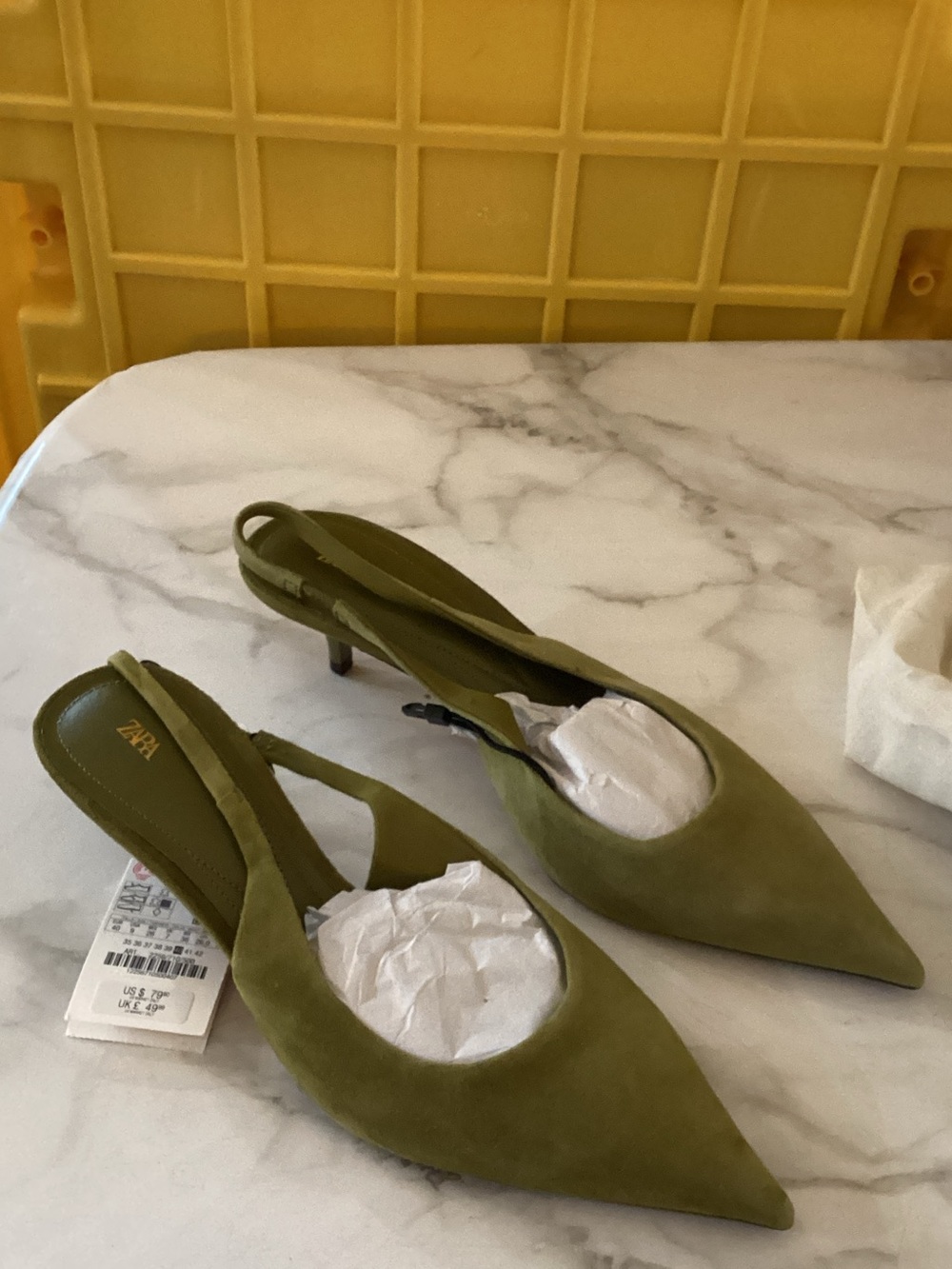 ZARA Olive Suede Pointed Slingback Heels